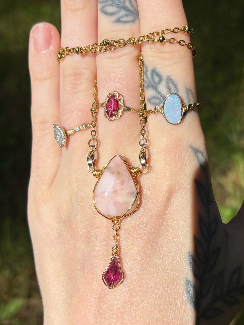 Pink opal and garnet double dangle interchangeable necklace